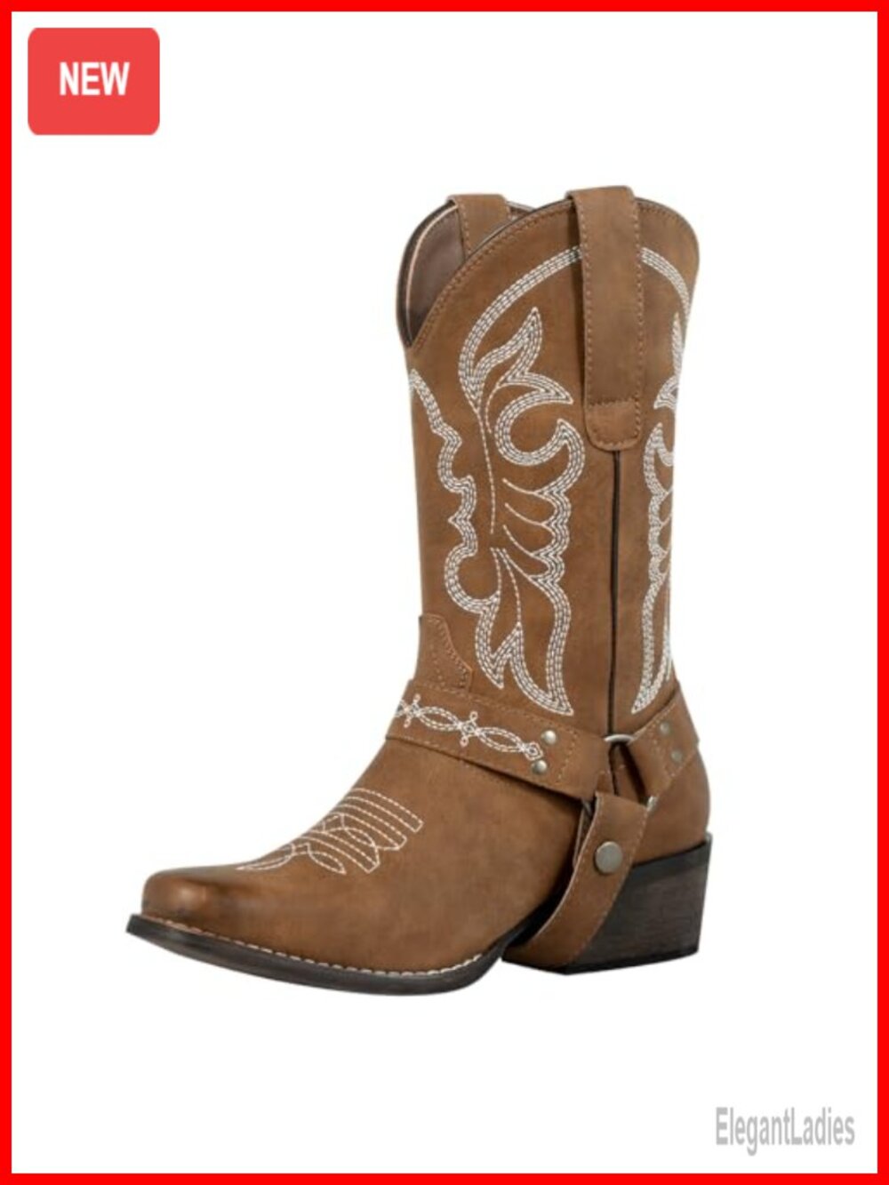 Square Toe Cowgirl Boots Mid Calf Western Buckle Strap Faux Leather